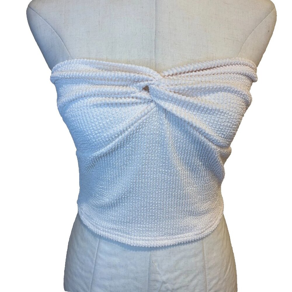 White Strapless Stretch Crop Top Twist Front Festival Summer
